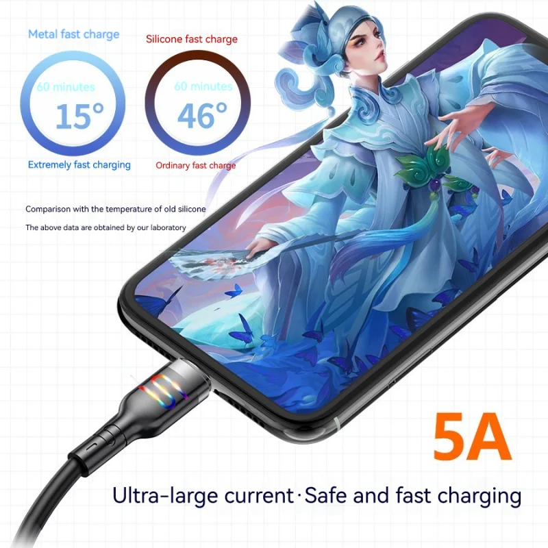 Type-C Data Cable Fast Charging with LED Light Flash Charging 5A Universal for Huawei Samsung Xiaomi Mobile Phone Charging Cable