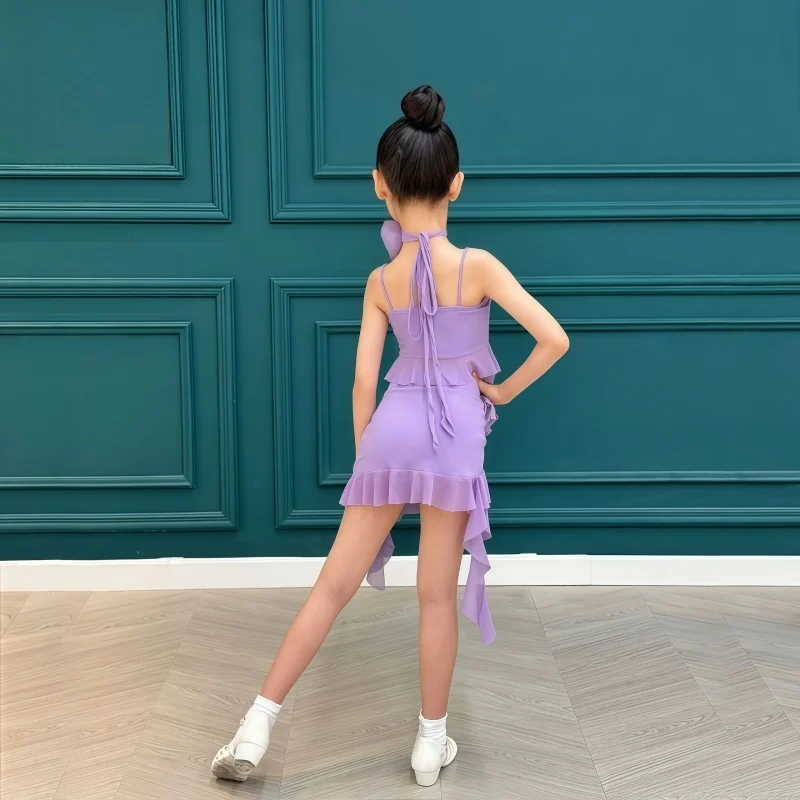 2025Nueva ropa de práctica de baile latino Cha-cha Rumba para niñas de verano, ropa de práctica de sensación de alta gama para niños, ropa de entrenamiento de baile latino