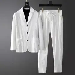 Striped Pleated Casual Men Pants Suit Set Solid Color Men Pants Stripe Pleats Jacket Drawstring Pants Casual Suit