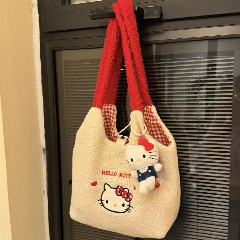 

Sanrio 2026 New Cute Fashion Hello Kitty Sherpa Patchwork Large Capacity Women's Shoulder Bag Versatile Handbag For Daily Use