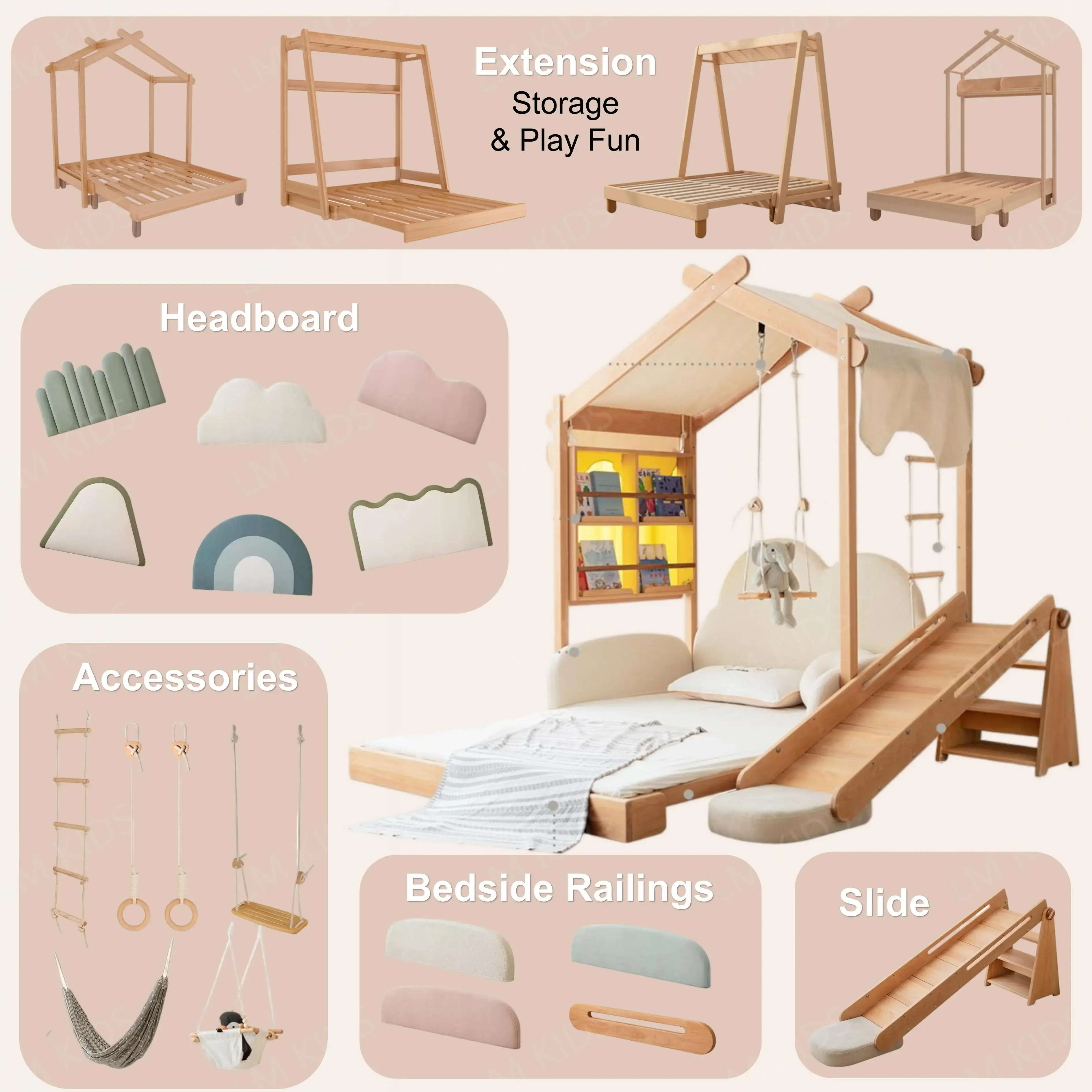 

Nordic Modern Kids Twin Solid Wooden Convertible Bed Frame Children Bedroom Furniture Sets with Slide and Tent Playhouse