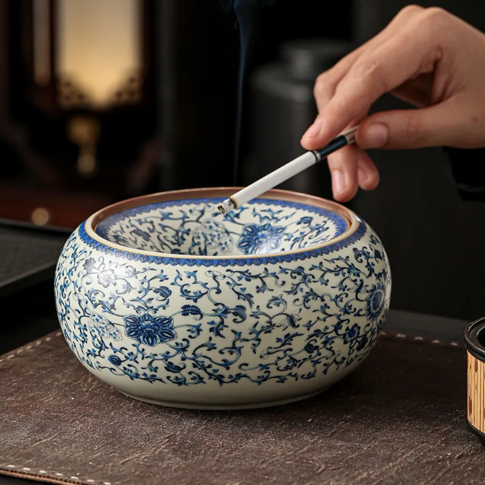 Blue And White Ru Kiln Interlocking Lotus Ceramic Ashtray Anti Ash Flying Odor Proof Luxury Household Office Decor Ornament