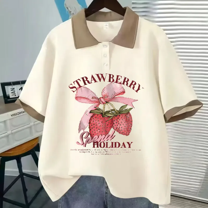 เสื้อยืดแขนสั้นโปโลญี่ปุ่นฤดูร้อน - พิมพ์การ์ตูนน่ารักเรียบง่ายหลวมพอดีขนาดใหญ่