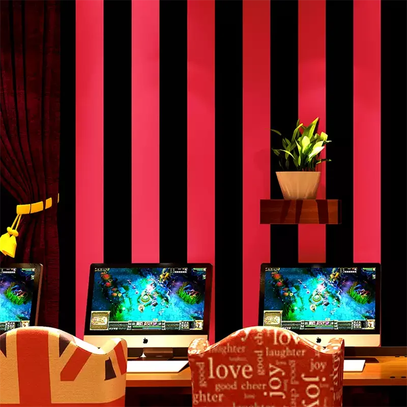 ورق حائط مخطط عمودي باللونين الأبيض والأسود، خطوط بنمط هندسي، غرفة النوم وغرفة المعيشة، ورق حائط بخلفية حمراء وسوداء #3