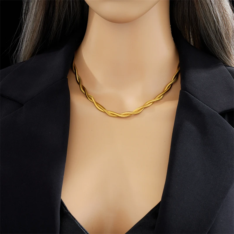 DIEYURO 316L Stainless Steel Gold Color Double Snake Chain Crossing Twist Necklace For Women Fashion Girls Choker Jewelry Gifts