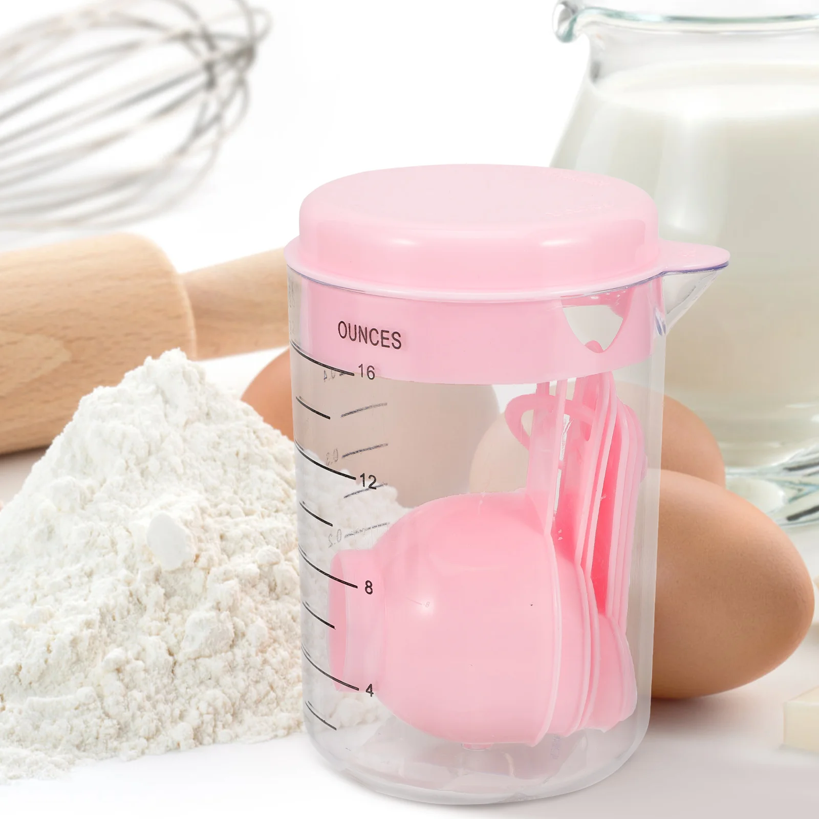 

Measuring Cups Spoons Set Colored Scale Pink Plastic Kitchen Tools Dry Liquid Ingredients Portable Storage NestingSpoons