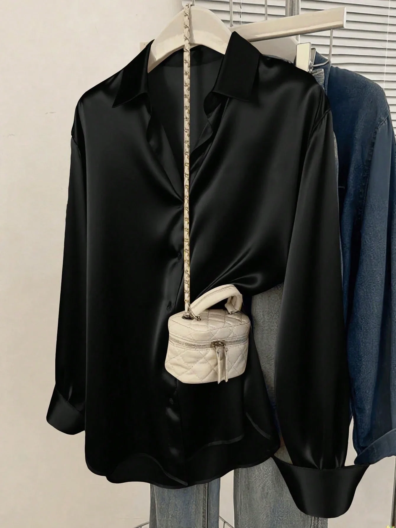 

Women's Satin Blouse Business Casual Button Up Shirt With Turn-Down Collar Elegant Office Wear