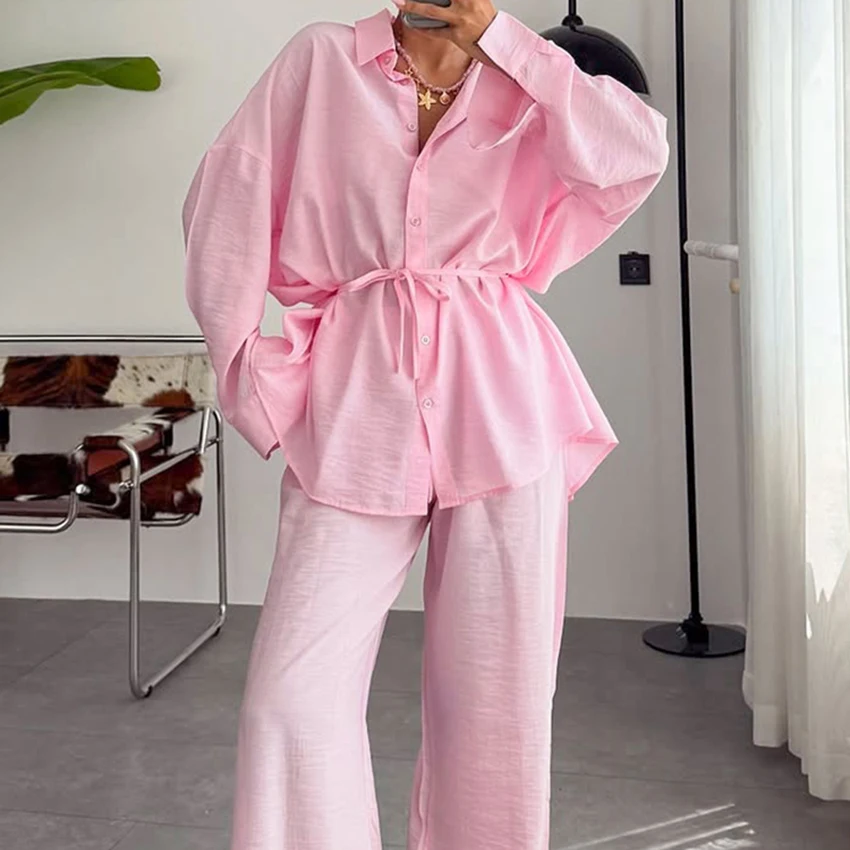 HiLoc Pink Casual Woven Women'S Pajamas Two-Piece Long-Sleeved Lapel Single-Breasted Lace-Up Top Elastic Waist Full Length Pants
