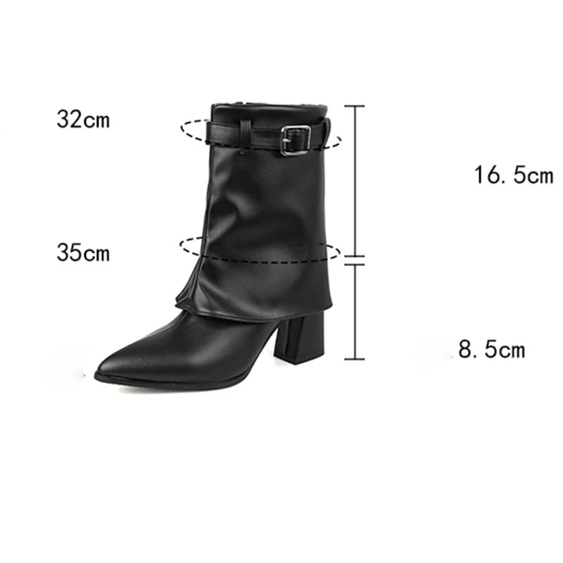 REAVE CAT Black Women Mid Calf Boots Pointed Toe 8.5cm Chunky Heels Zipper Sexy Dating Botas Big Size 47 48 49 50 Handmade Shoes view 4