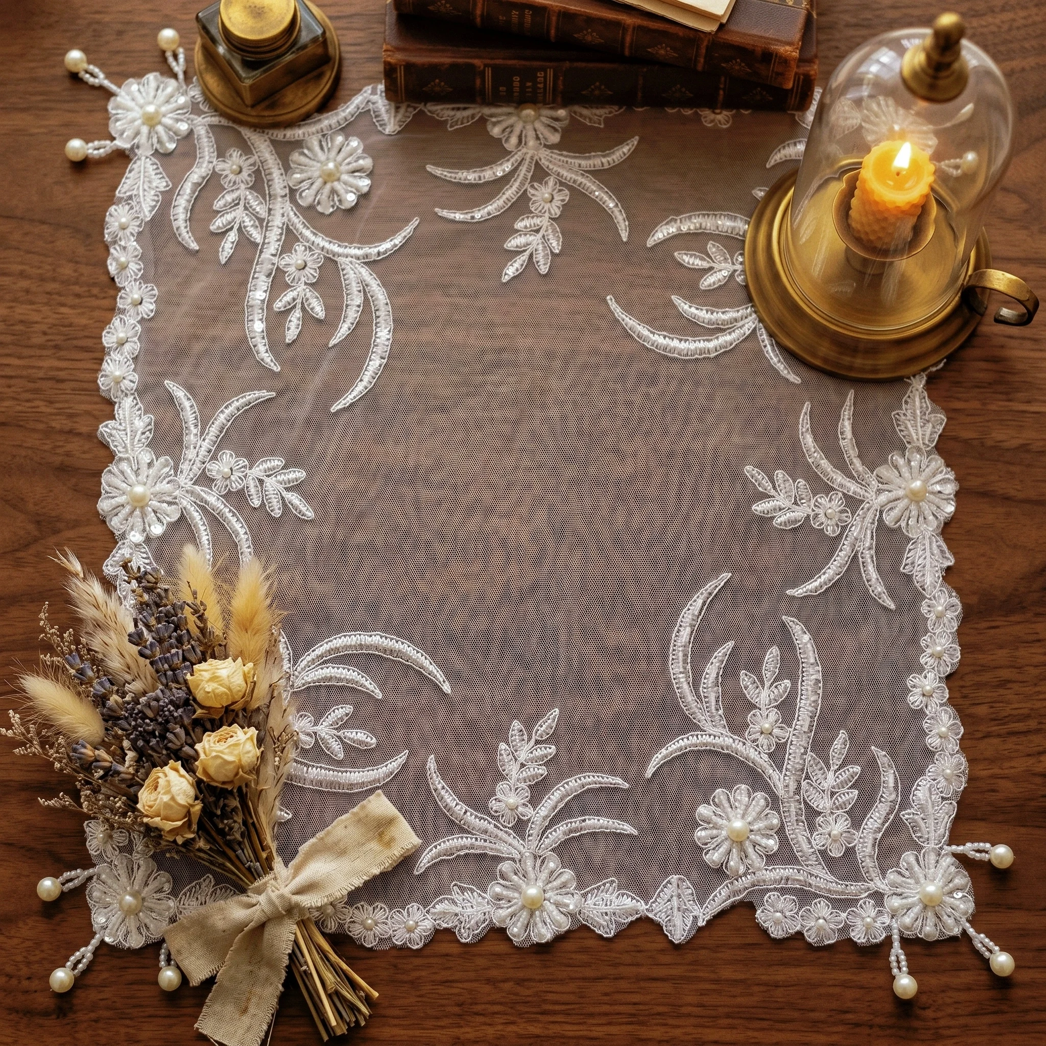 Set Of 4pcs Elegant Embroidery Breakfast Placemats White Lace Wedding Napkins Pearl Decoration Multifunctional Cover Cloth