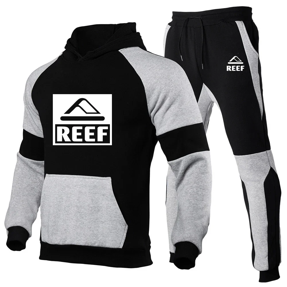 

2024 New Reef Spring and Autumn Men Casual Joggers Hooded Sportswear Jackets Tricolor Splice Tops Comfortable Versatile Sets