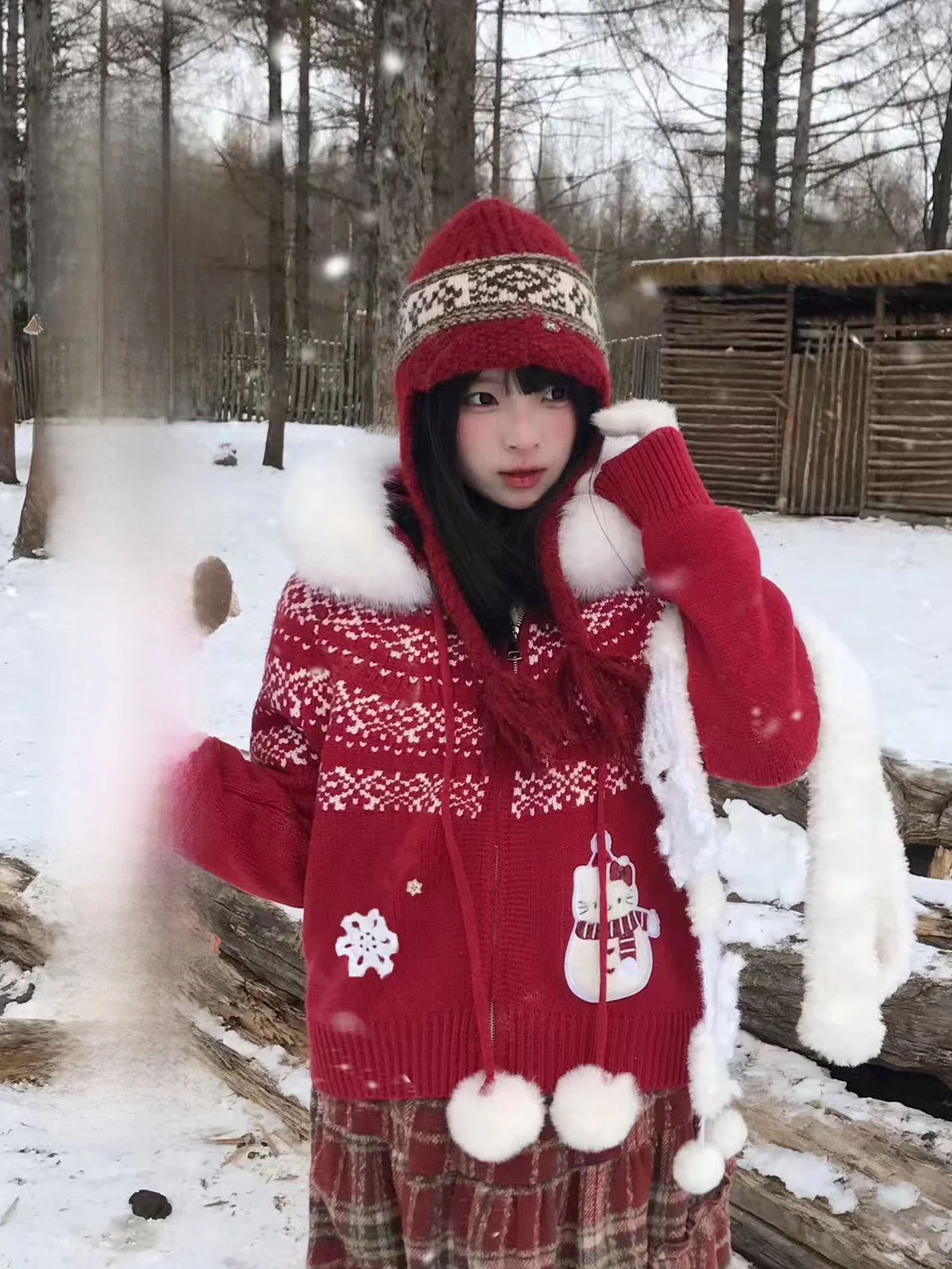 

Новинка! Красный вязаный кардиган с капюшоном BibiBency Bear Aunt's: женский зимний свитер свободного кроя с мультяшным принтом, длинный рукав.