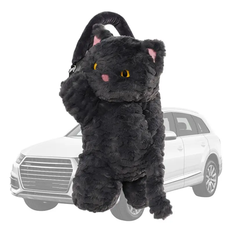 Cartoon Black Cat Plush Car Tissue Holder Hangable Auto Mounted Napkin Holder 2 In 1 Car Tissue Box And Trash Can Organizer