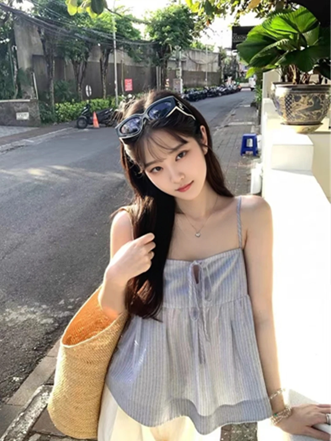 

Blue Striped ter Ne Top Women's Summer Vaion Slimming Hollow out Tie Waist Straight Cut Commute Sle Casual Wear