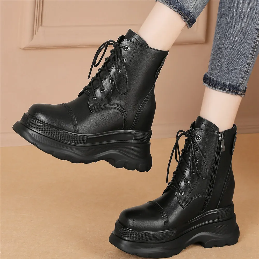 

2023 Platform Pumps Women Lace Up Genuine Leather High Heel Ankle Boots Female High Top Round Toe Fashion Sneakers Casual Shoes