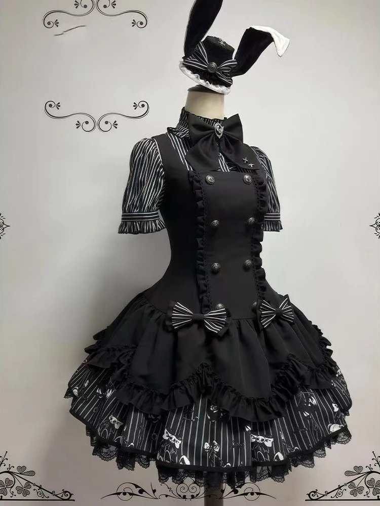 Darkly Gothic Japanese Black Slim Tops + High-waist A-line Short Skirt Suit Women High Street Hot Girl Subculture 2-piece Set