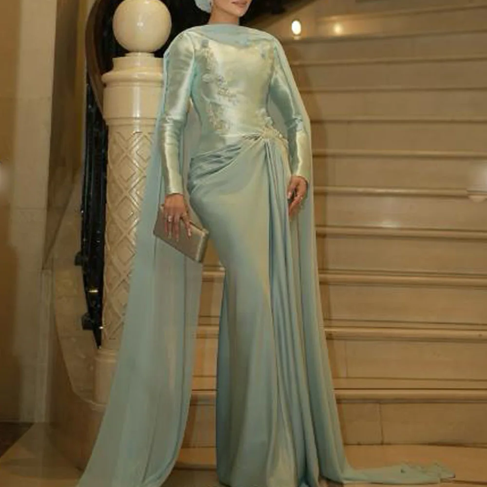 فستان Abiye أنيق مخصص مع شال ثنيات حورية البحر فساتين سهرة موسلين مع كيب ثلاثية الأبعاد زهرة ثوب رسمي إسلامي