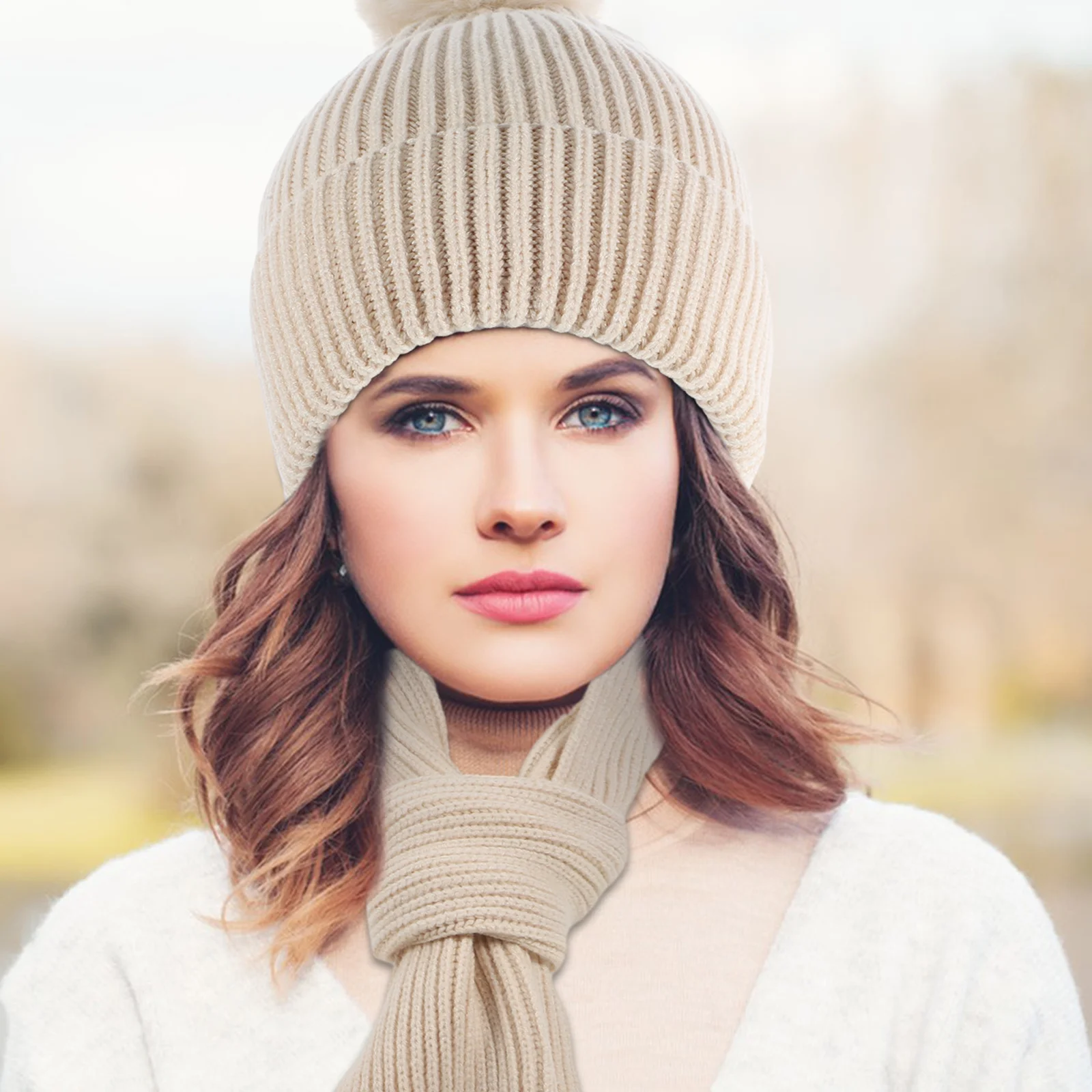 1 مجموعة الشتاء الدافئة لمس قفازات للنساء وشاح طقم قبعات لينة الدافئة قفازات ركوب الخيل في الهواء الطلق قبعات الشتاء للنساء