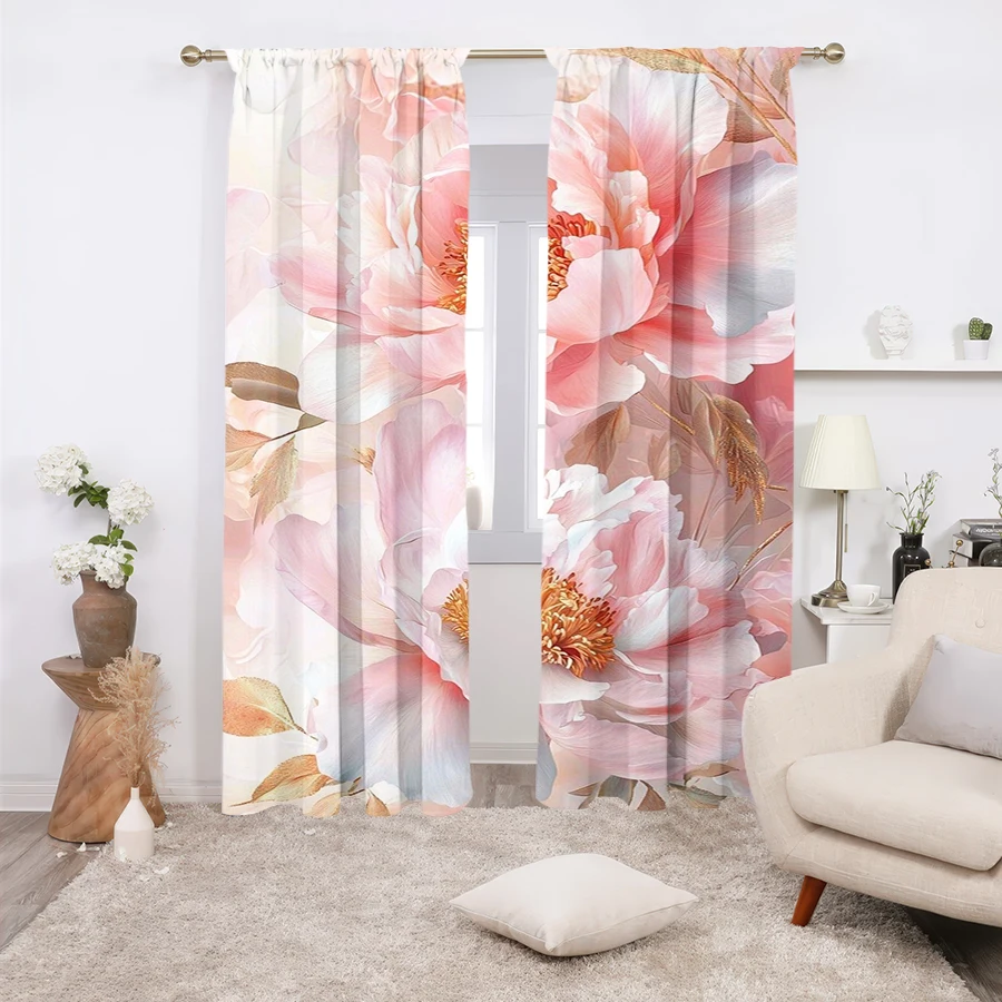 2 Stück, mehrfarbig, große Vorhänge mit rosa Pfingstrosen-Blumendruck und goldenen Akzenten, für Schlafzimmer und Wohnzimmer, Stil mit Stangenlöchern