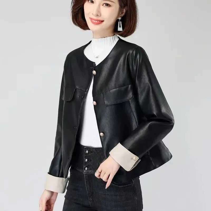 Casacos femininos com gola redonda elegante e versátil, estilo pequeno e perfumado, jaqueta de couro de alta qualidade