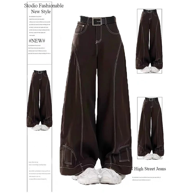 ZHIZOU High Waist Wide Leg Denim Jeans Women's Baggy Trousers American Retro Y2K 90s Brown Line Design Street Hip Hop Long Pants