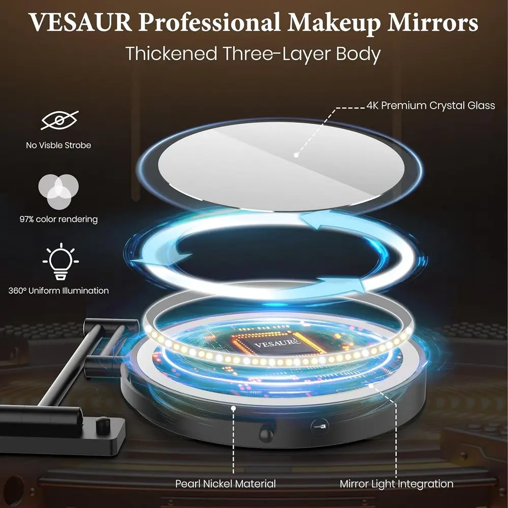17 wandmontierter LED-beleuchteter Schminkspiegel, schwarzes Nickel, 1-fache/20-fache Vergrößerung, 3-farbig verstellbares Licht, 5000 mAh wiederaufladbar, 360 °