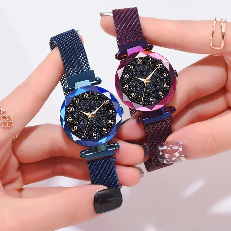 Relojes de moda para mujer, cinturón de malla, reloj magnético con cielo estrellado para mujer, reloj de pulsera de cuarzo, reloj de pulsera de lujo para mujer, reloj con temperamento