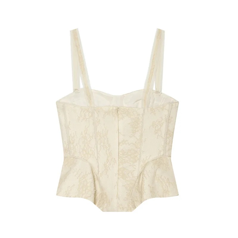 Dave&di European And American Style Fish Bone Lace Tight Camisole Top T-shirt Woman Clothes Female Clothing