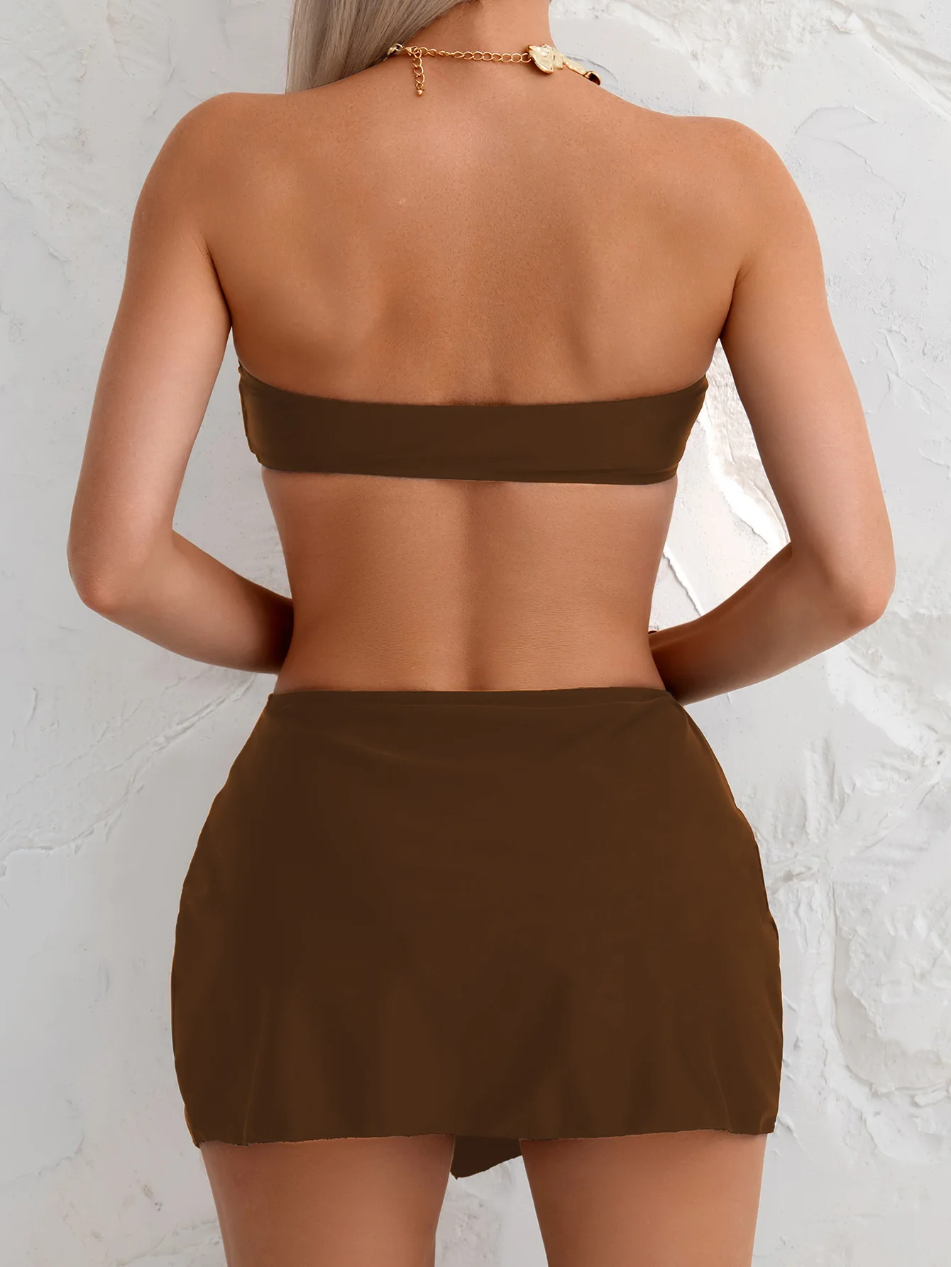 2026 Womens Metal Hardware Bandeau 3 Piece Bikini Set Nylon Push Up Tummy Control Swimwear Beach Swimsuit Holiday Skirt Cover Up