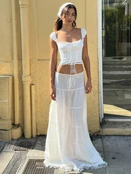 Sexy White Lace Backless Two Piece Set 2023 Bandage Top Long Skirt Women Set Elegant holiday casual 2 Piece Set Women