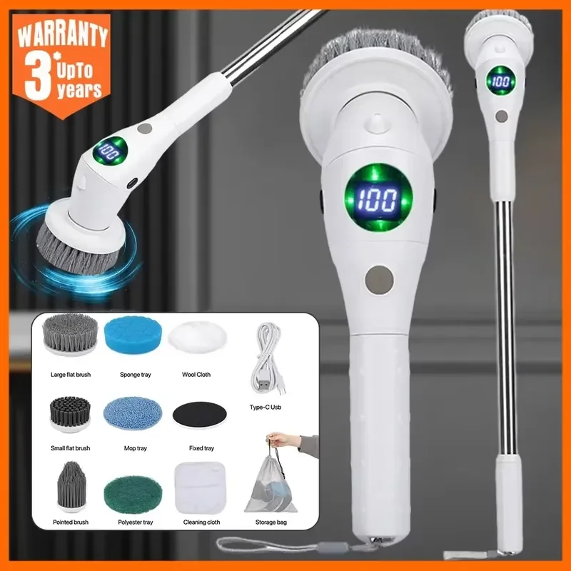 8-in-1 Electric Cleaning Brush with LED Light Rotatable Power Scrubber for Bathroom Kitchen Tile Grout Household Deep Clean