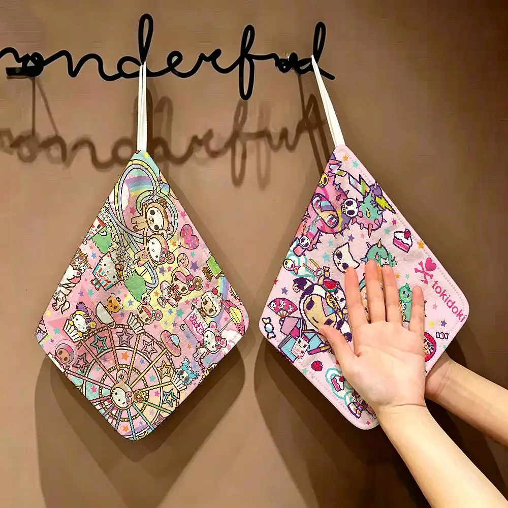 Cartoon T-Tokidoki Polyester Cotton Hand Wiping Towel, Anti-shrink Hanging Kitchen Cloth For Household Cleaning