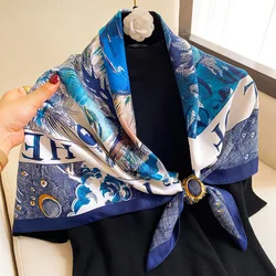 90*90CM Women Silk Square Scarf Satin Bandana Print Scarves Luxury Brand Silk Lady Hair Shawl and Wrap Beach Pareo Headscarf