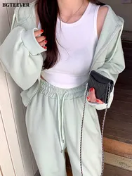 BGTEEVER Spring Ladies Tracksuits Long Sleeve Zippers Hooded Sweatshirts & Wide Leg Drawstring Pants Casual Women Trouser Set