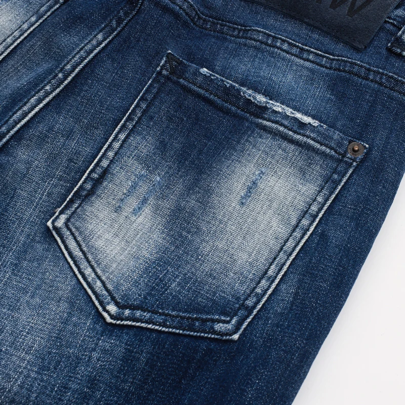 Men Dark‑Blue Washed Whiskering Skinny Jeans, Vintage Faded Wrinkle Denim Pants, Mid‑Waist Stretch Slim‑Fit Long Trousers Street