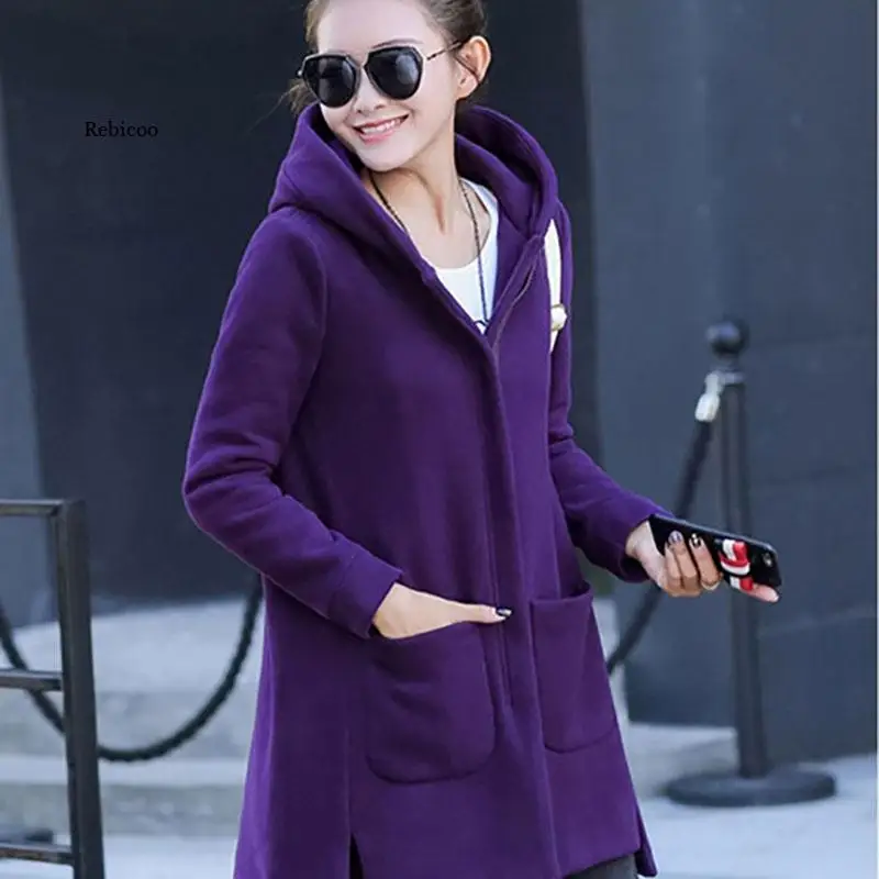 Winter Women\'s Fleece Jacket Female Long Hooded Coats Warm Thick Pocket Outerwear Ladies Red Slim Fit Hoodies Winderproof Clothe