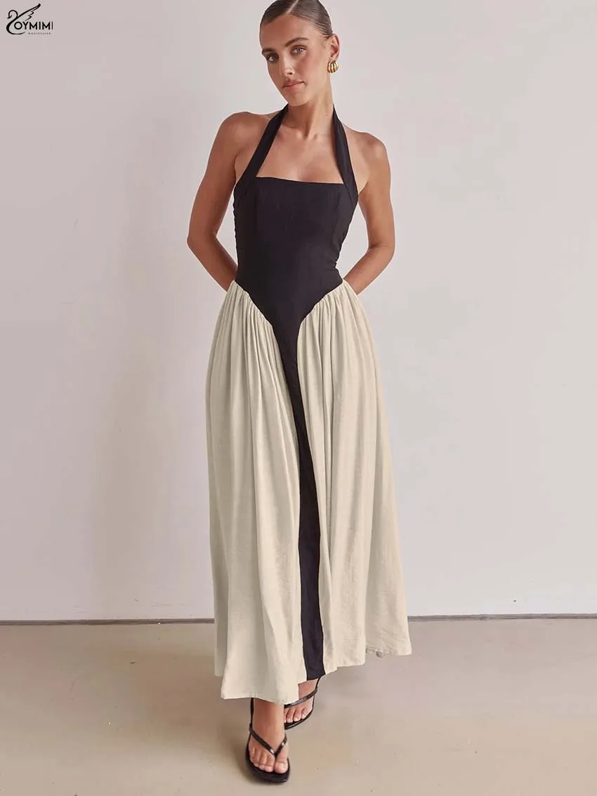 

Oymimi Fashion Black Cotton Womens Dresses Elegant Patchwork Halter Neck Open Back Dresses Casual Pleated Ankle-Length Dress