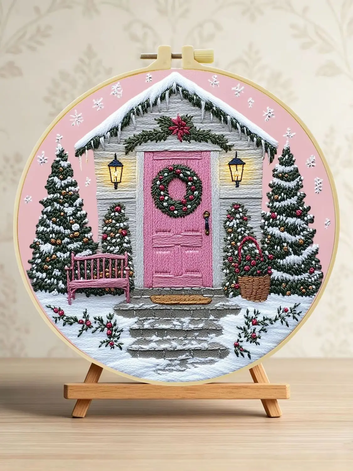 Rosa Tür Weihnachtsszene 1 Stück DIY Stickerei-Material-Set für Anfänger Stickerei-Starter-Kit Kreuzstich-Kunst als Geschenk Nadelarbeit – Detail 1