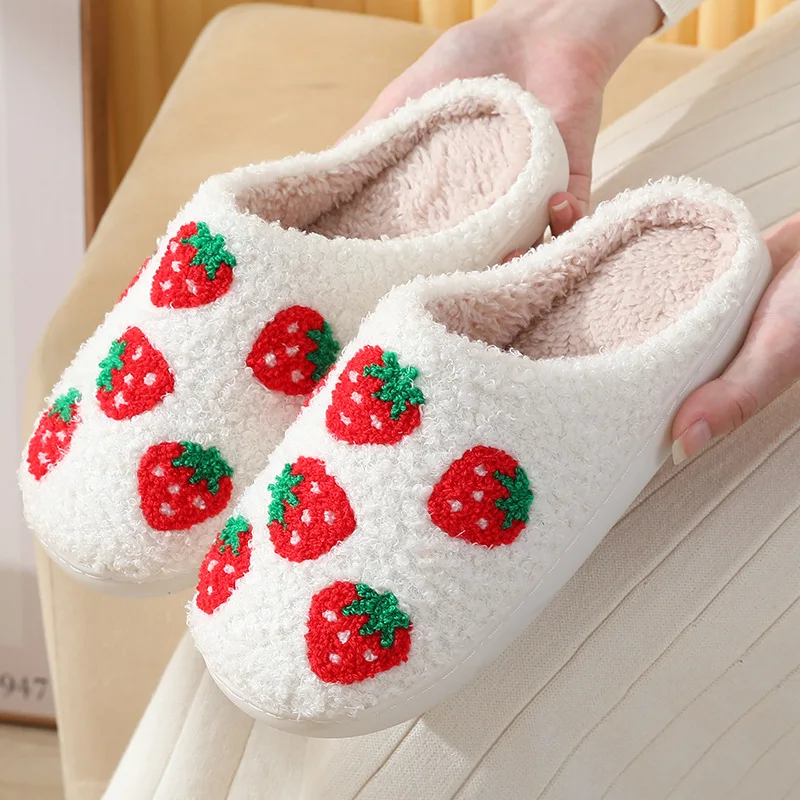 Winter Cotton Slippers Women Home Rainbow Strawberry Warm Fluffy Slides Indoor House Plush Flip Flops Female Soft Shoes