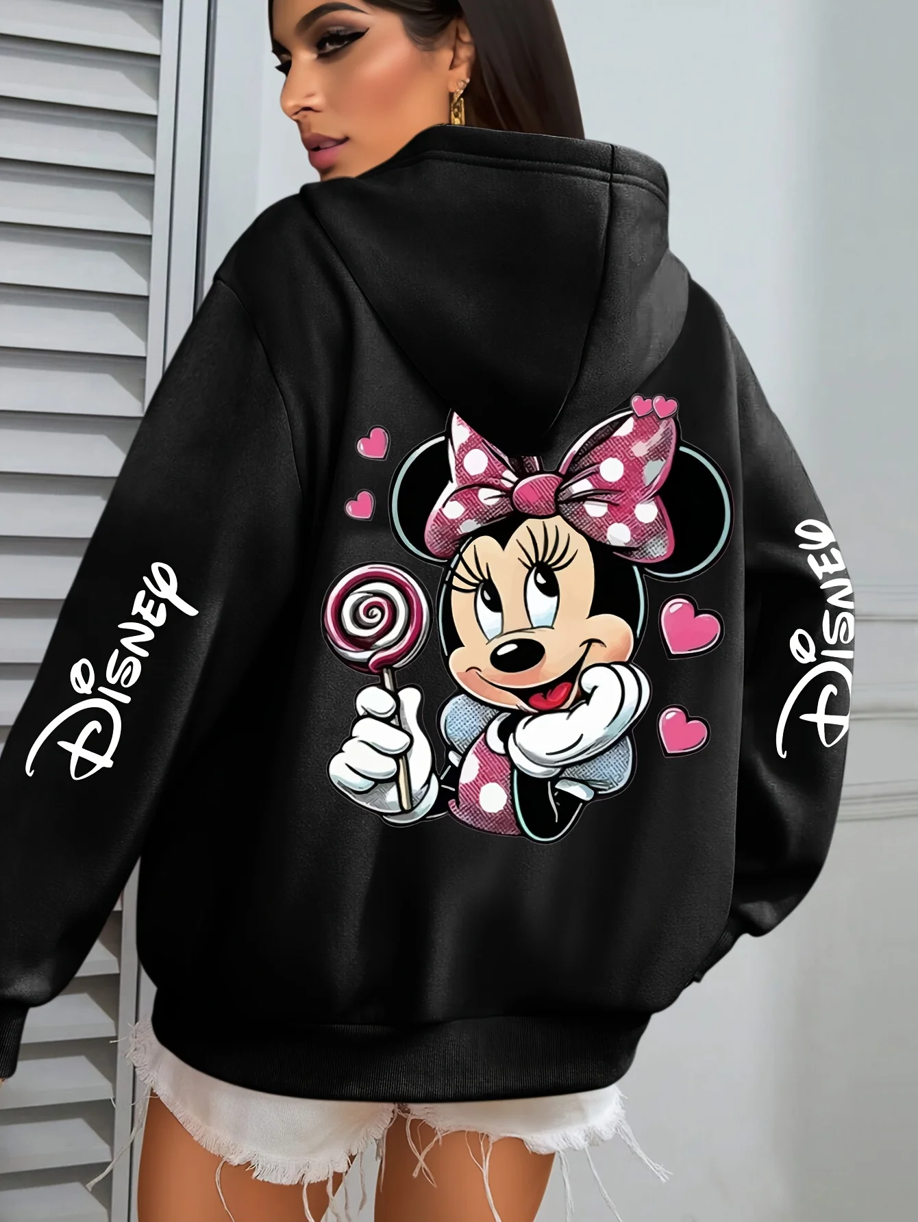 هوديي بنمط ماوس ديزني مع فيونكة وردية وتصميم مصاصة بشعار "ديزني" للفصول الأربعة كاجوال