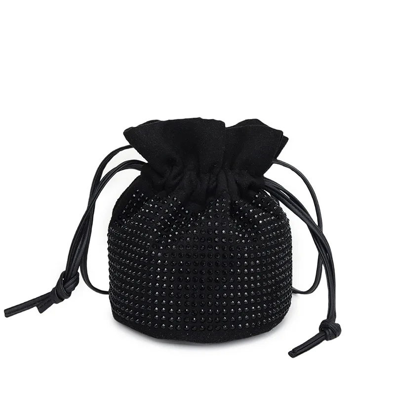 Simple Heat-melting Rhinestone Small For Women 2024 New Version Trendy Crossbody Bag, Fashionable Casual Drawstring Bucket Bag