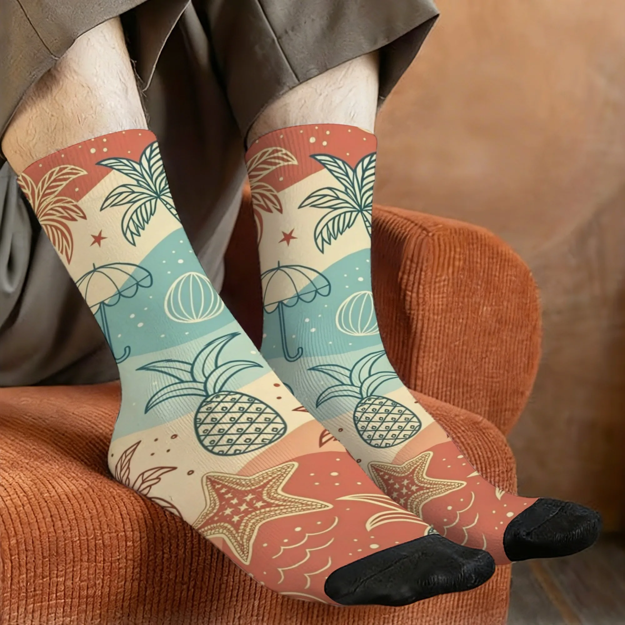 

Retro-style tropical beach print men's socks, novel summer vibes, casual socks, perfect for crazy parties and holiday gifts.