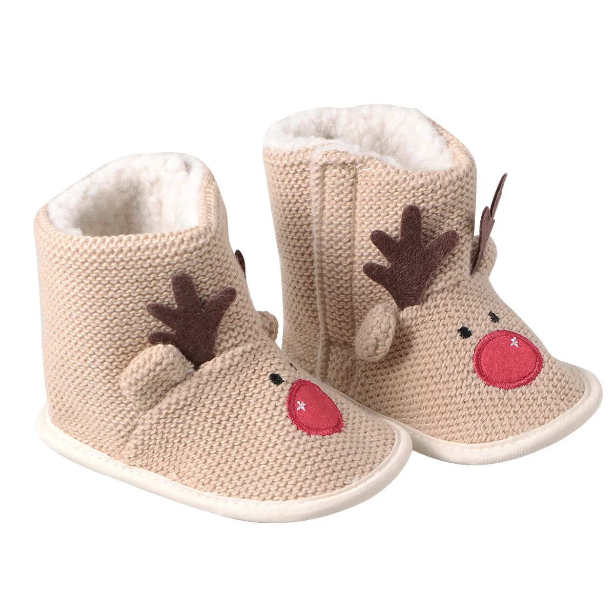 

Christmas Elk Baby Warm Soft Cotton Toddler Boots First Walking Non Slip Durable Infant Beige Baby Cotton Shoes Embroidered