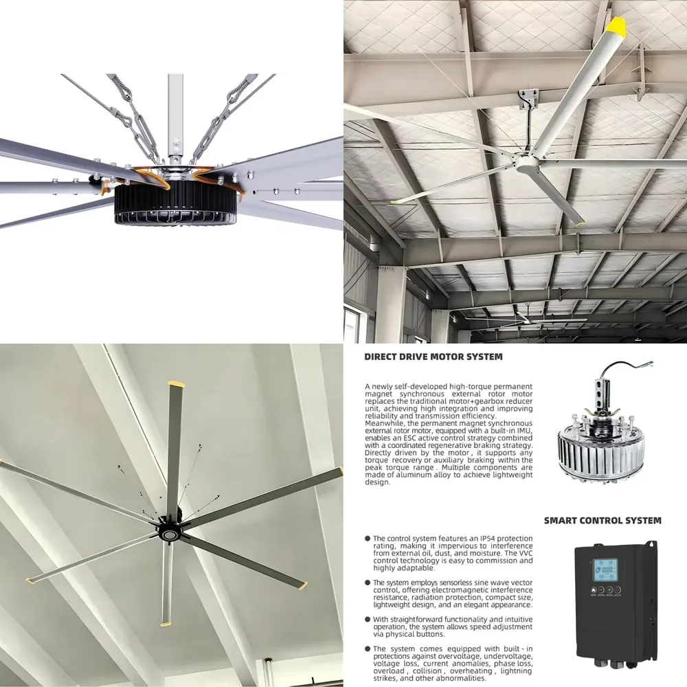 HVLS Ceiling Fan Industrial 1.5kW 24ft Large Airflow Energy Saving Low Noise PMSM Direct Drive Warehouse Factory Use