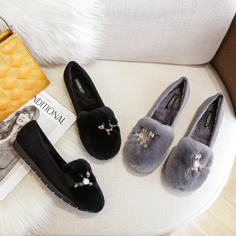 

Owl individual designer single shoes women plus fleece warm woolen shoes a slip-off non-slip wear fashion women's shoes high-gra