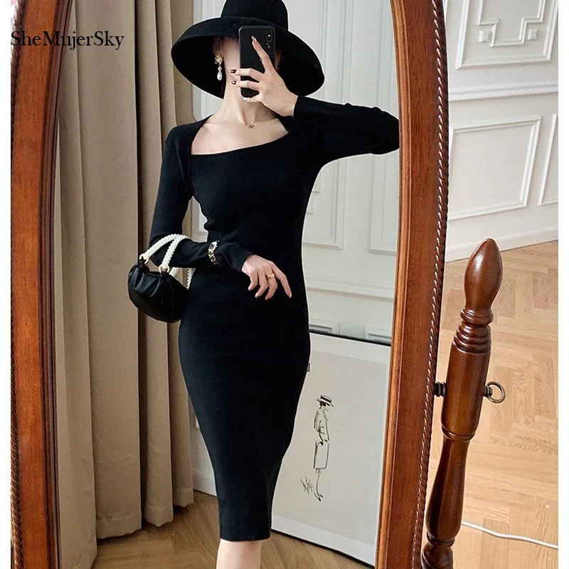 Vintage Women Black Skinny Elastic Midi Dress Square Collar Midi Dress Autumn Long Sleeve Knitted Dresses