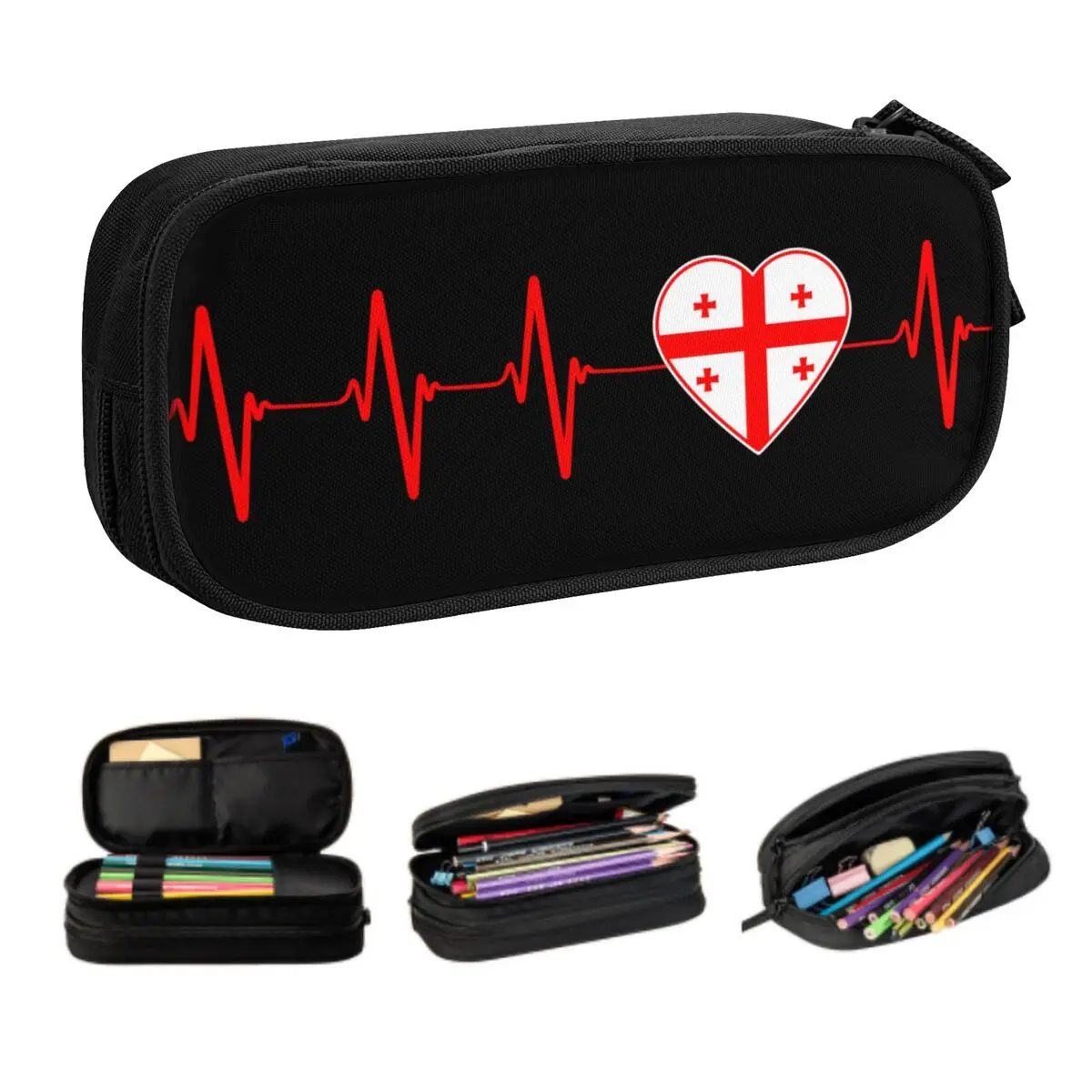 Customized Georgian Heartbeat I Love Country Flag Georgia Heart Family Pencil Case for Georgia Flag Pen Box Bag School Supplies