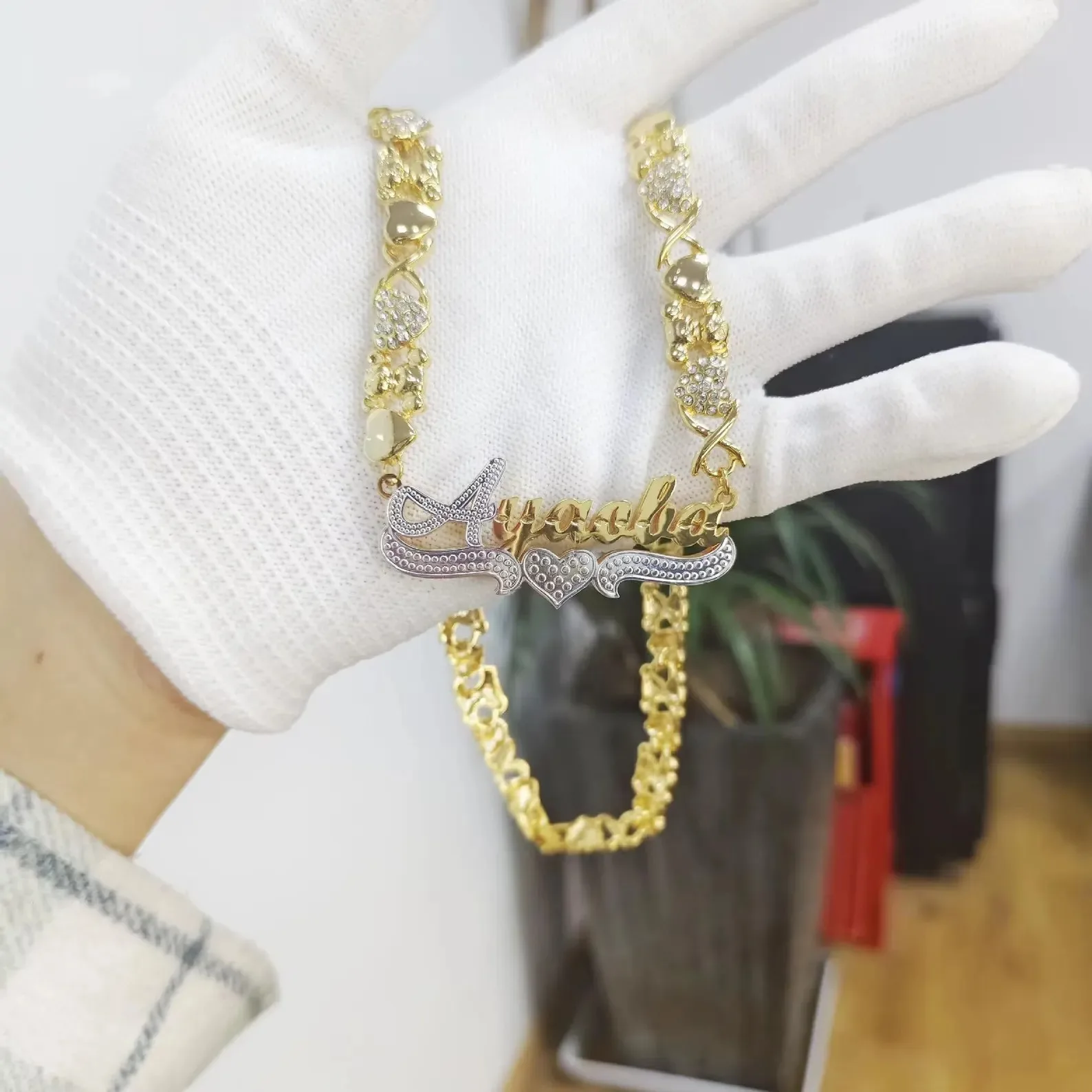Personalized XO Chain Teddy Bear Chain Name Necklace 18K Gold Plated Double Nameplate Custom Jewelry Gift for Women Kids & Teens