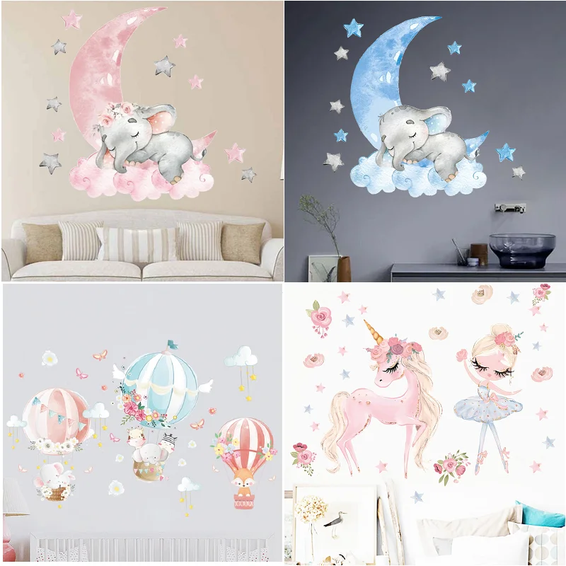 Cartoon balloon decoration sticker for kids room bedroom kindergarten wallpaper Pink Moon Little Elephant fox wall sticker