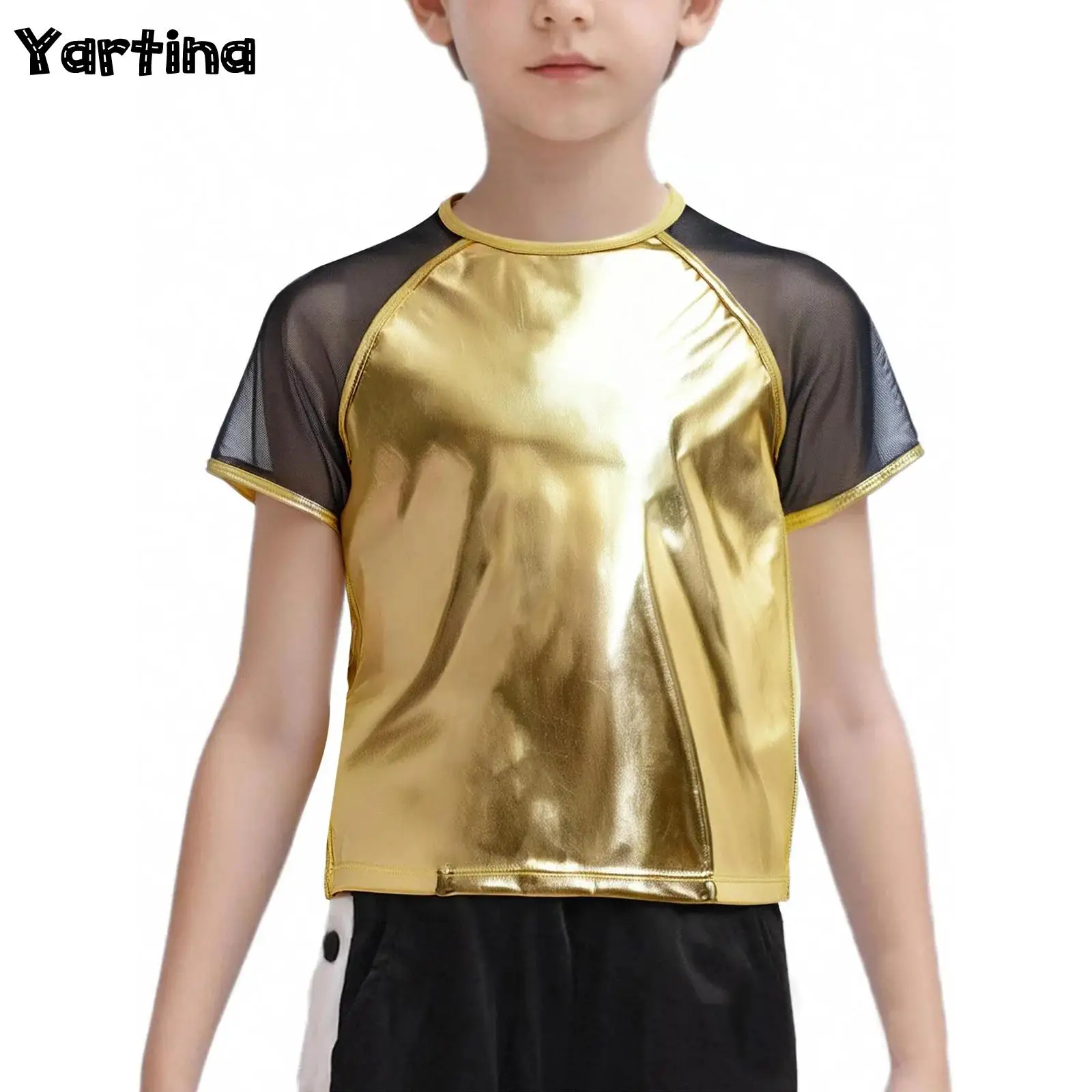 

Kids Girls Boys Hip-Hop Jazz Dance Top Gymnastics Costume Sheer Mesh Short Sleeves Round Neck Metallic T-shirt Blouse Tops